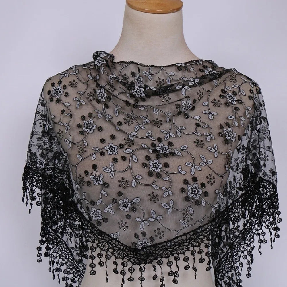 Women's Triangle Lace Veil Headscarf – Floral Sequined Scarf