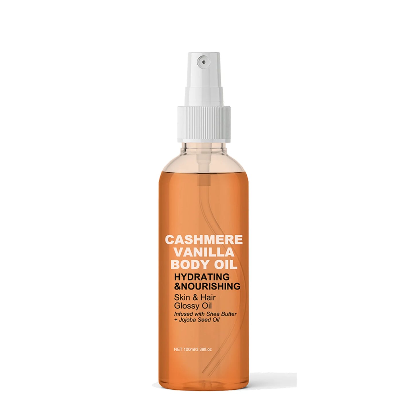 Cashmere Vanilla Body Massage Oil Hydrating Nourishing Skin And Hair Glossy Oil Infused With Shea Butter And Jojoba Seed Oil Peaceful Pleasures Health and Wellness Transparent bottle