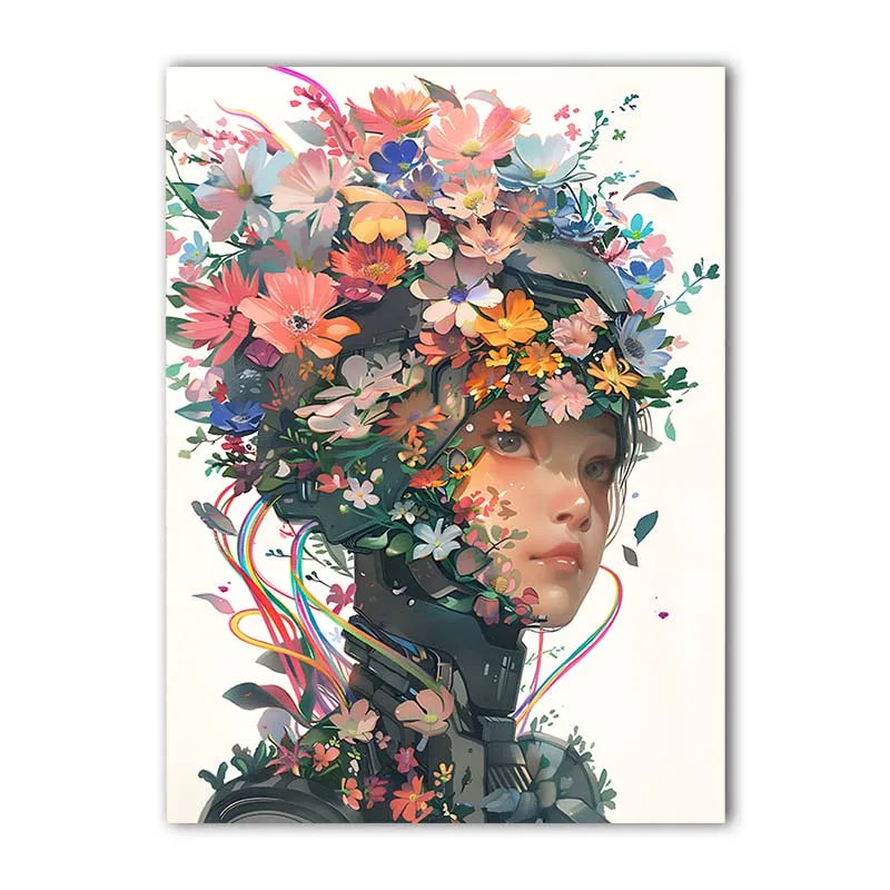 Nordic Robot Girl & Flowers Canvas Wall Art | Modern Poster Print Canvas Wall Art Print Peaceful Pleasures Health and Wellness 01 40x50cm No Frame China Mainland