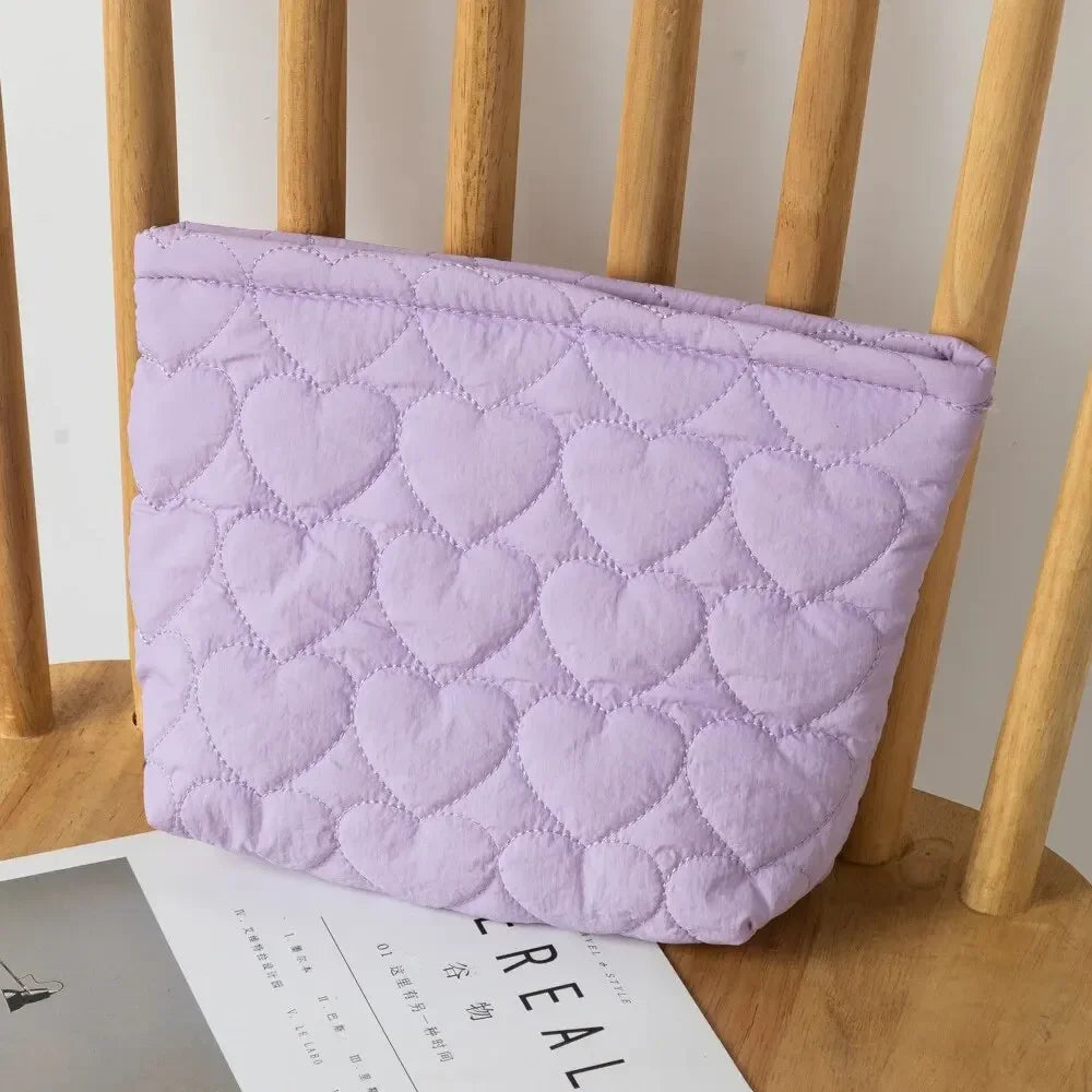 Fashion Korean Large Capacity Cosmetic Bag Women Soild Heart Quilting Handbag Portable Travel Lipstick Makeup Storage Bags Peaceful Pleasures Health and Wellness PURPLE