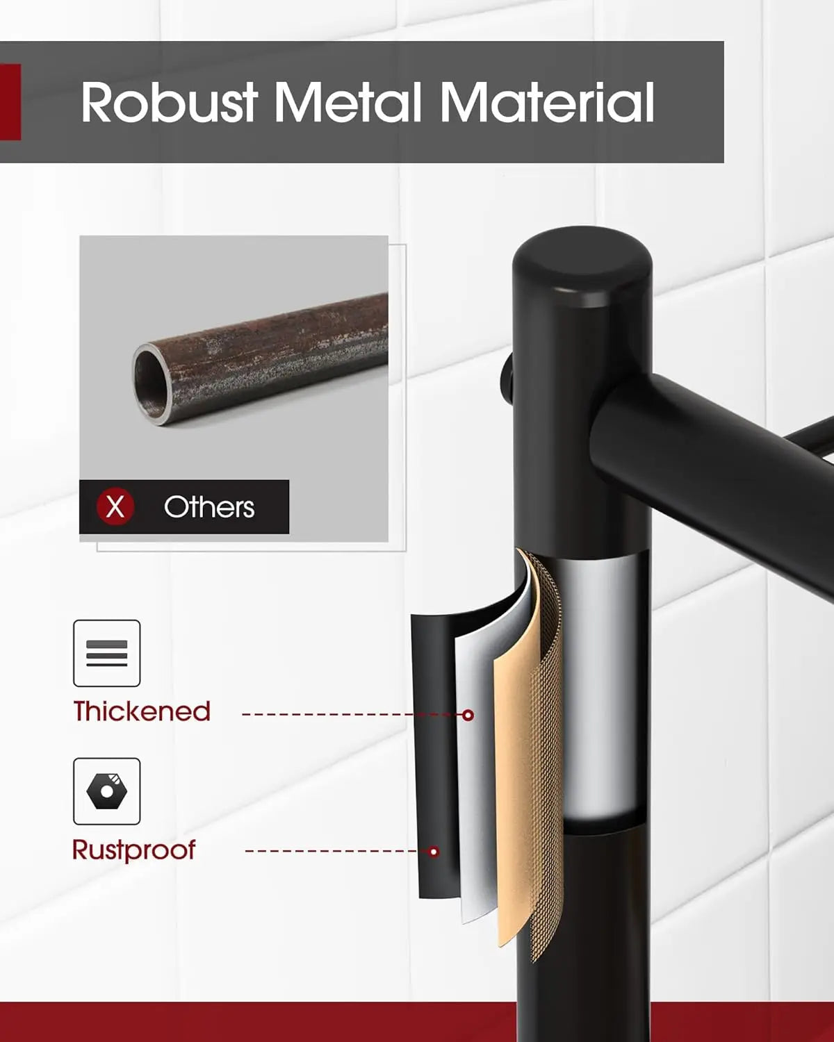 Black metal grab bar with robust material features on a tiled wall background