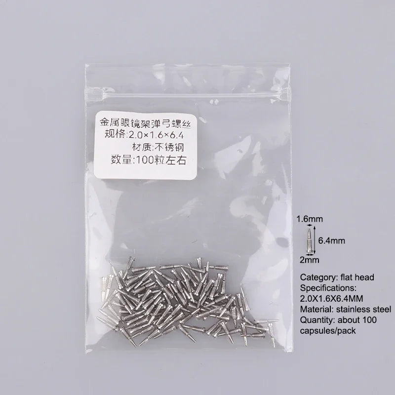 100-Piece Eyeglass Spring Hinge Screws – Self-Aligning Repair Kit