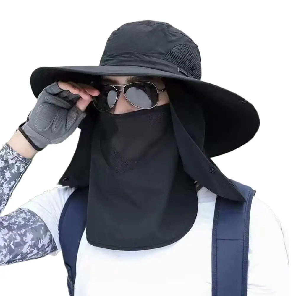 Men Fishing Cooling Sun Hat Mask Summer Big Brim Anti-ultraviolet Travel Mountaineering Outdoor Sunshade Sunscreen Fisherman Hat Peaceful Pleasures Health and Wellness Black