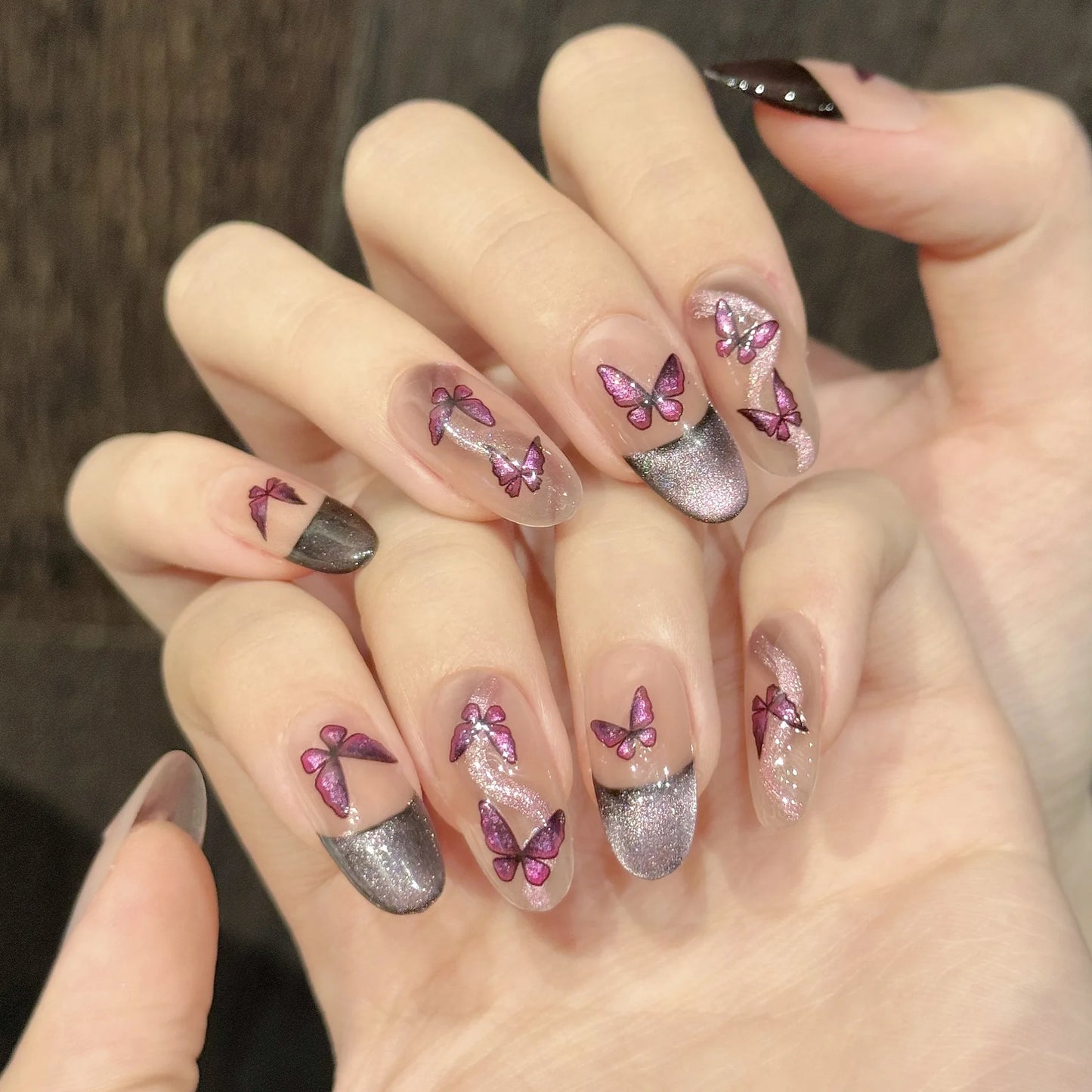 10pcs Handmade Rose Purple French Cat's Eye Press on Nails Glitter Butterfly Designs Fake Nails Wearable Ins Short False Nails Peaceful Pleasures Health and Wellness L 1