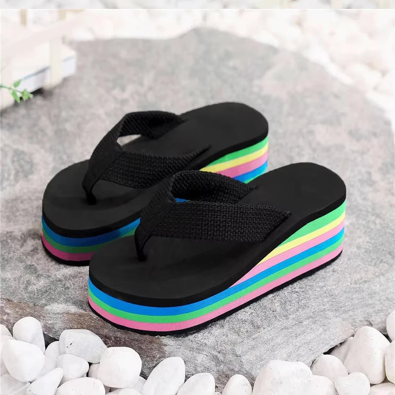 Women's Rainbow Bohemian Wedge Flip Flops | Non-Slip Beach Sandals