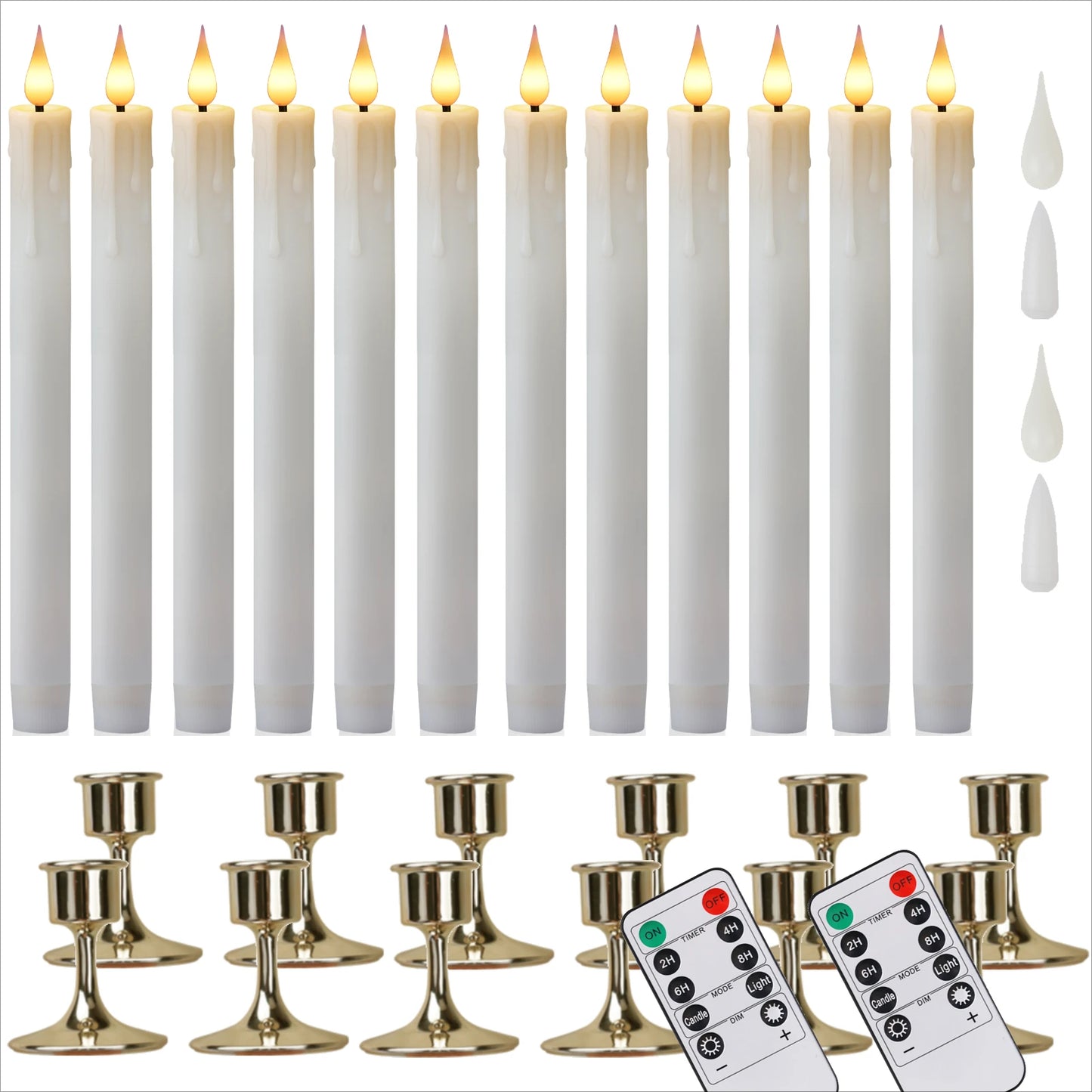 Flameless Candles with Remote Timer Battery Operated LED Flickering Taper Candle for Christmas Decor with 6 Pack Gold Holder Peaceful Pleasures Health and Wellness 12pc white
