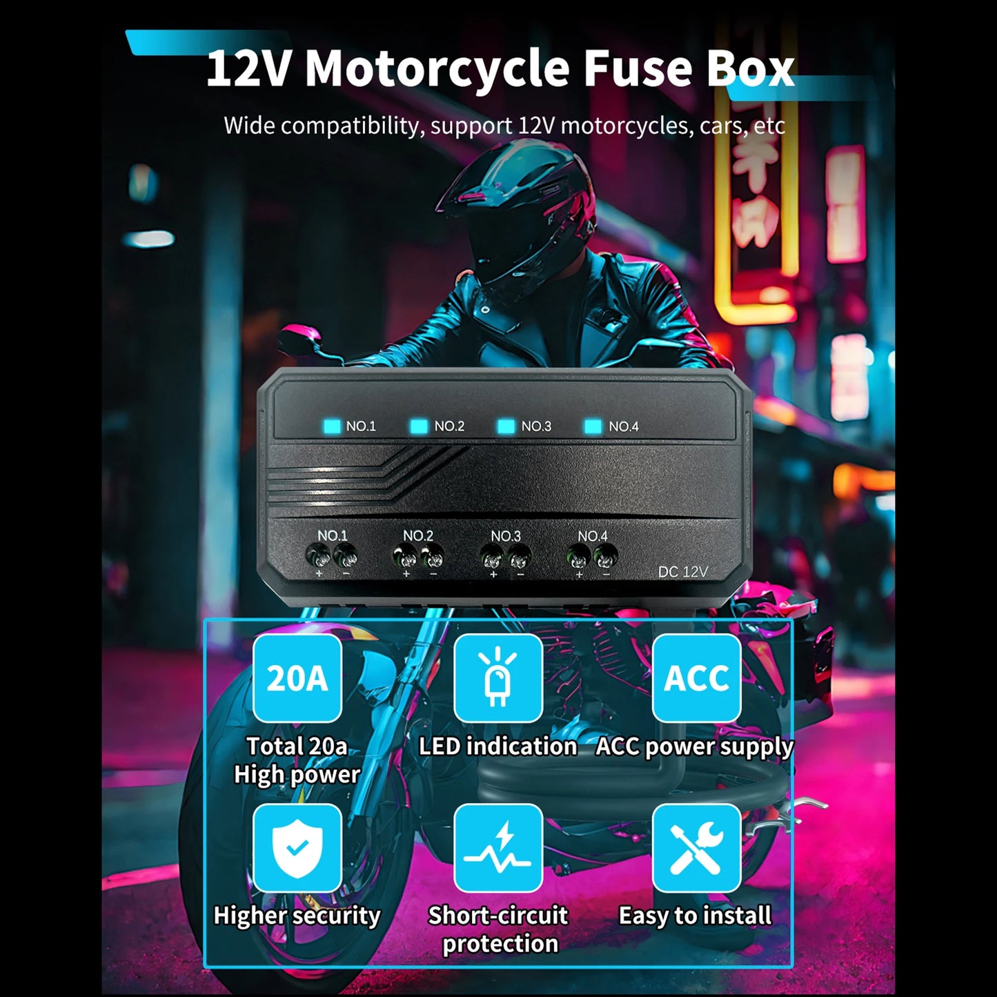 Motorcycle Fuse Box 20A 4-Circuit LED Indicator | Cars ATVs UTVs