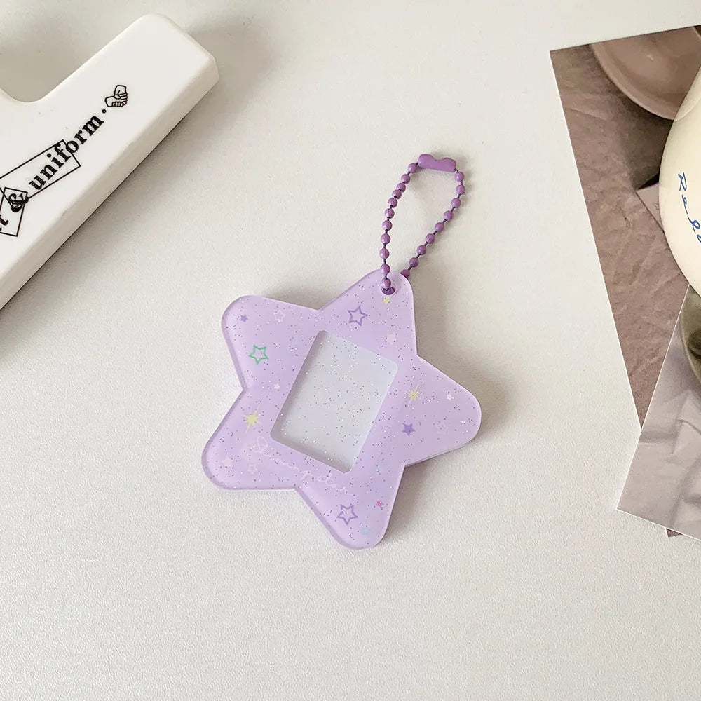 Glitter Five-pointed Star Hard Card Holder One-inch Student ID Photo Decorative Pendant New Acrylic Keychain Pendant Card Holder Peaceful Pleasures Health and Wellness Purple