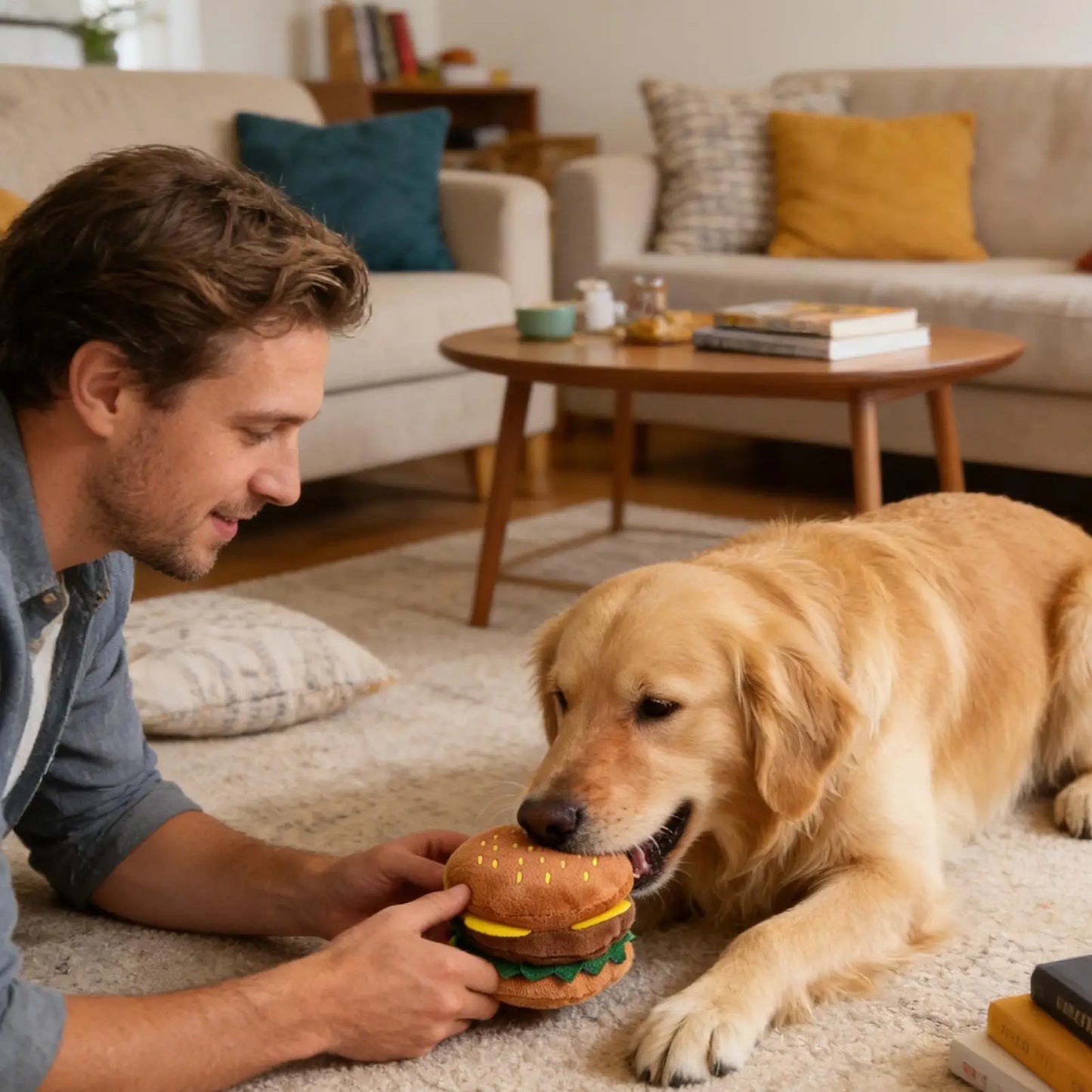 Squeaky Hamburger Dog Chew Toy – Soft Plush Puppy Teether