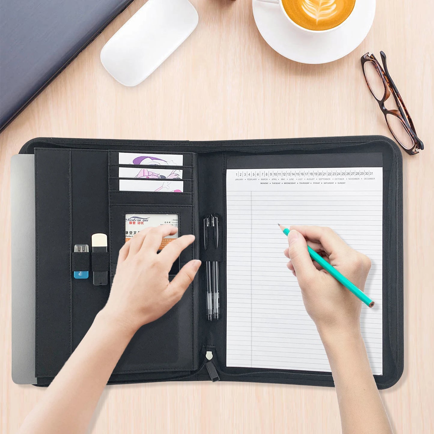 Bisofice Zippered Business Padfolio A4 PU Leather Portfolio Organizer