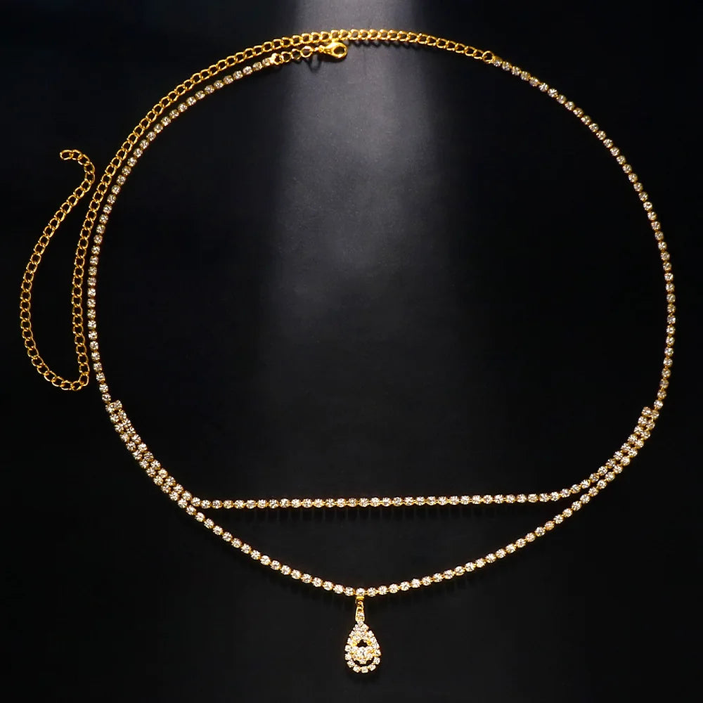 Rhinestone Heart Belly Chain | Double Row Crystal Waist Belt Belly Chain Jewelry Peaceful Pleasures Health and Wellness Gold-color