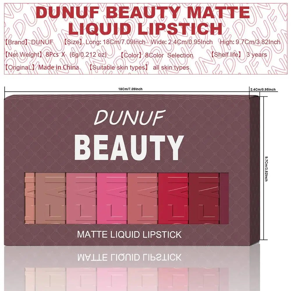 DUNUF 8-Piece Velvet Matte Liquid Lipstick Set – Waterproof