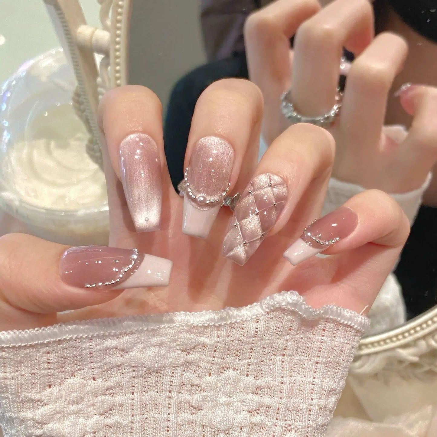 Handmade Sweet Diamond Grid Decor Press on Nails French Shiny Pink Cat Eye Fake Nails Wearable Reusable Korean Bride False Nails Peaceful Pleasures Health and Wellness XS 1