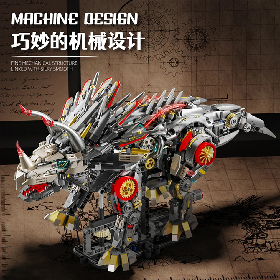 Motorized Mechanical Triceratops Model Building Blocks LED Jurassic