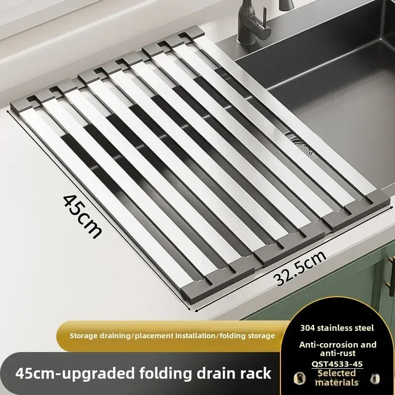 Foldable Over-Sink Drying Rack – 304 Stainless Steel & Silicone Roll-Up Dish, Fruit & Vegetable Drainer