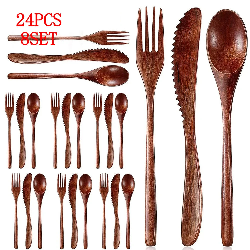 24/12 Pieces Wooden Spoon Soup Spoon and Fork Tableware Natural Ellipse Ladle Spoon Set Eco Friendly Products Spoons for Cooking Peaceful Pleasures Health and Wellness 24PCS