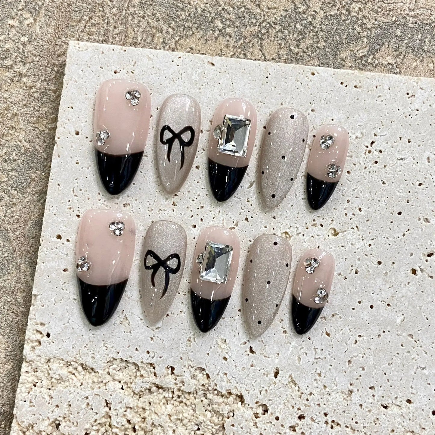 Handmade Press on Nails Black Cool European Fake Nails with Crystal Design Women Wearable Detachable Glitter Almond False Nails Peaceful Pleasures Health and Wellness XS 1
