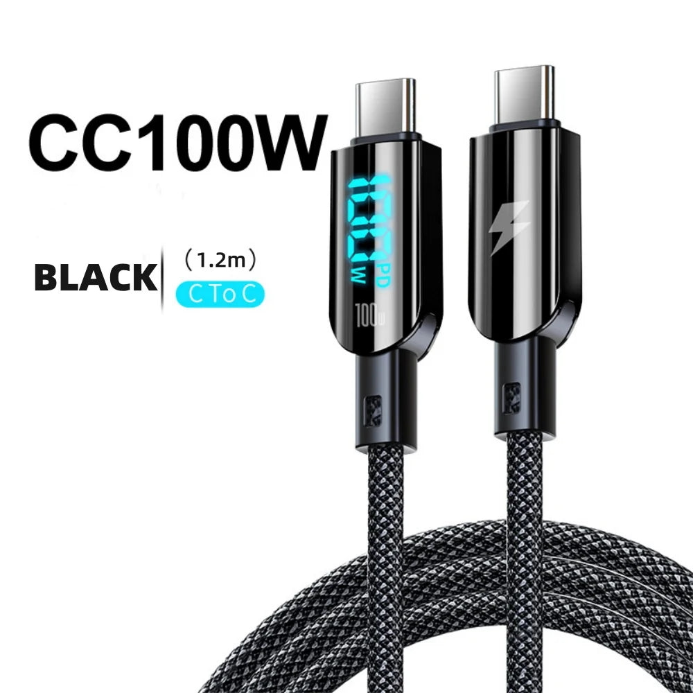 100W USB To Type C Fast Charging Cable LED Digital Display PD Fast Charge Braided Data Cord for iPhone 15 Huawei Xiaomi Peaceful Pleasures Health and Wellness 100W CC
