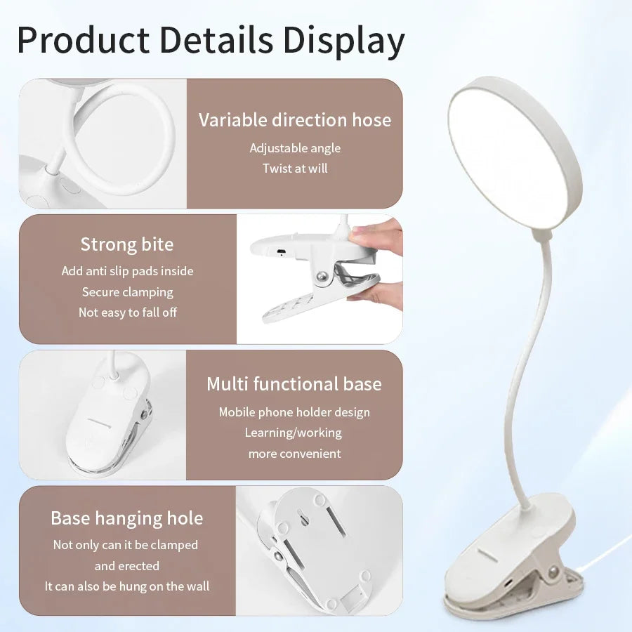 GGBEE LED Clip-On Desk Lamp – USB Dimmable Reading Light