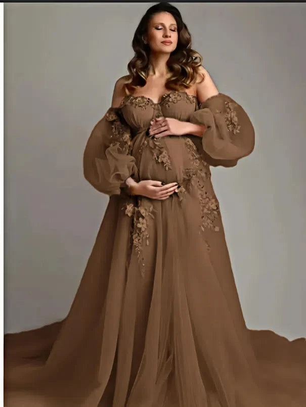 Hand-Finished Pink Maternity Photo Gown - Off-Shoulder Sheer Tulle Dress Embroidery Appliques - Baby Shower Pregnancy Shoot Robe Peaceful Pleasures Health and Wellness BROWN US 8