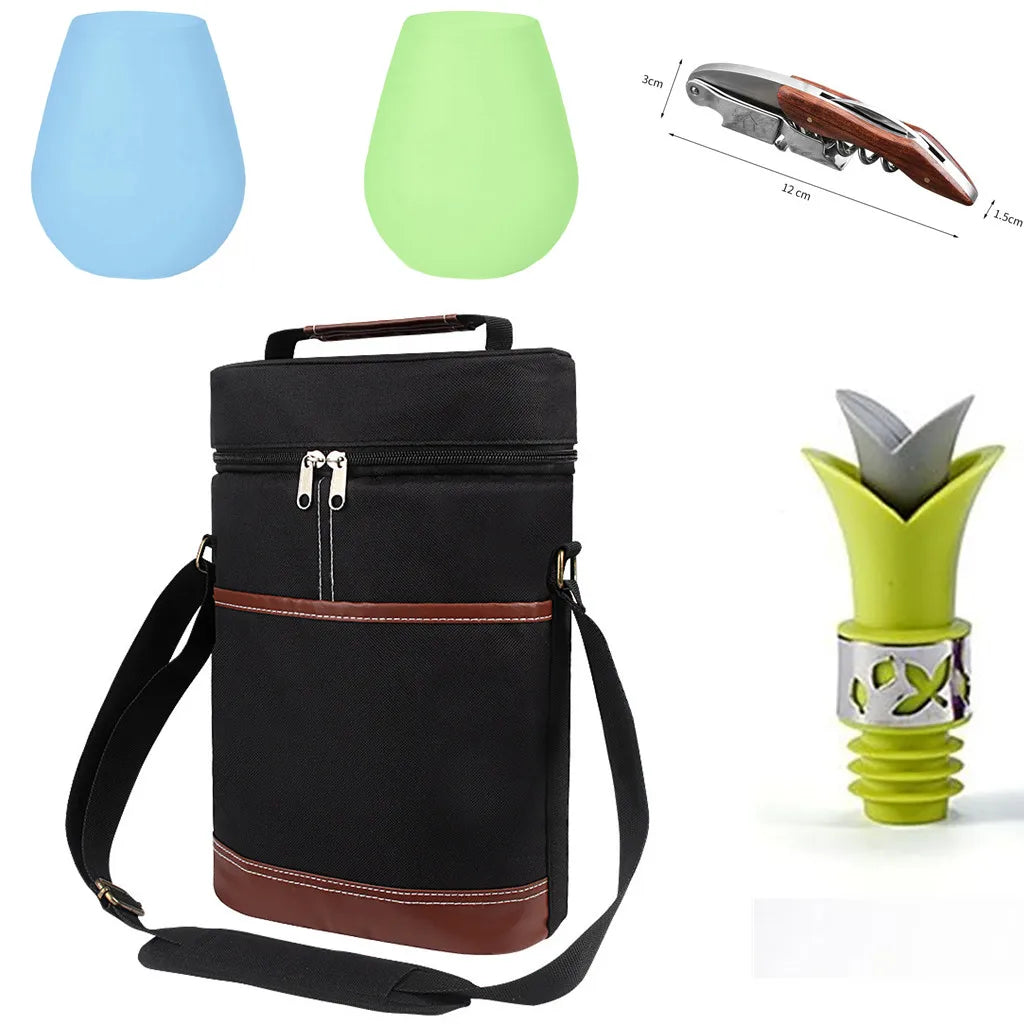 Soft Cooler Wine Bottle Insulated Bag for Wine Thermal 2 Drink Bottle 750ml Beer Outdoor Bag for Travel Carrier Tote Wine Glass Peaceful Pleasures Health and Wellness Black Picnic Wine