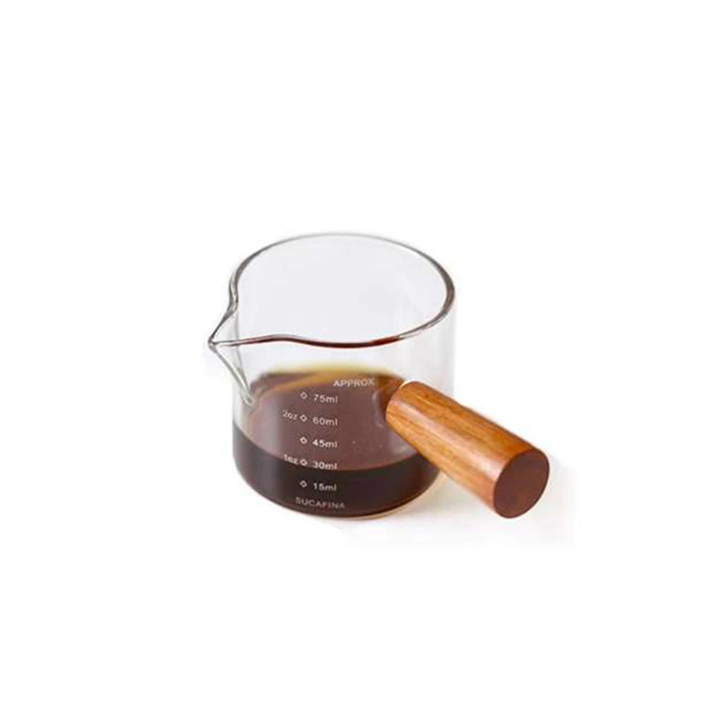 1pc Glass Measuring Cup Wood Handle Glass Espresso Measuring Cup Double Single Mouth Milk Coffee Clear Mug Coffee Supplies Peaceful Pleasures Health and Wellness Single mouth 75ml