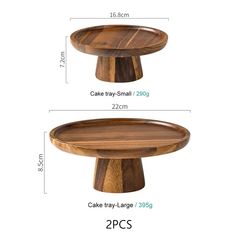 Creative High-Foot Cake Plate Acacia Wood Decoration Tea Plate Dessert Table Display Stand Afternoon Tea Fruit Snack Tray Peaceful Pleasures Health and Wellness 2PCS