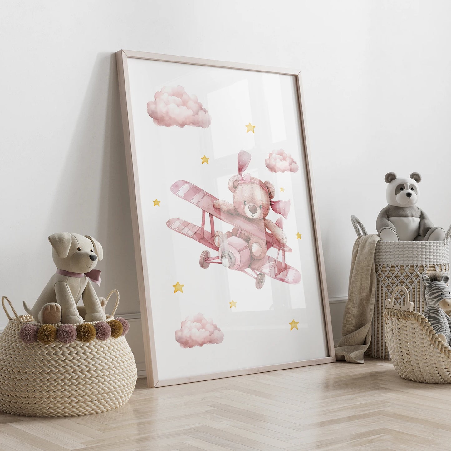 3-Piece Pink Teddy Bear Hot Air Balloon Kids Canvas Wall Art