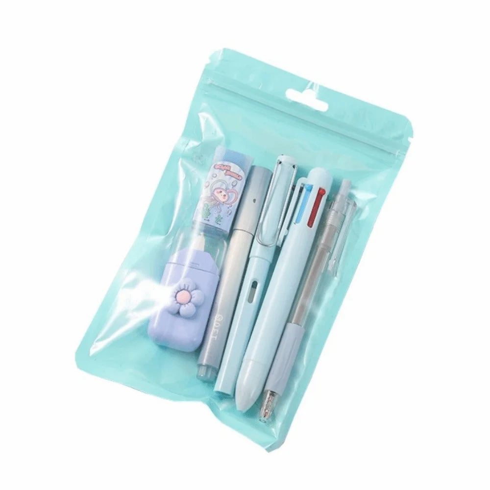 6Pcs/Set Cartoon School Stationery Set 6 Color Pens Large Capacity Student Tools Gift Kit Book Marker Pen Cartoon Stationery Set Peaceful Pleasures Health and Wellness Blue