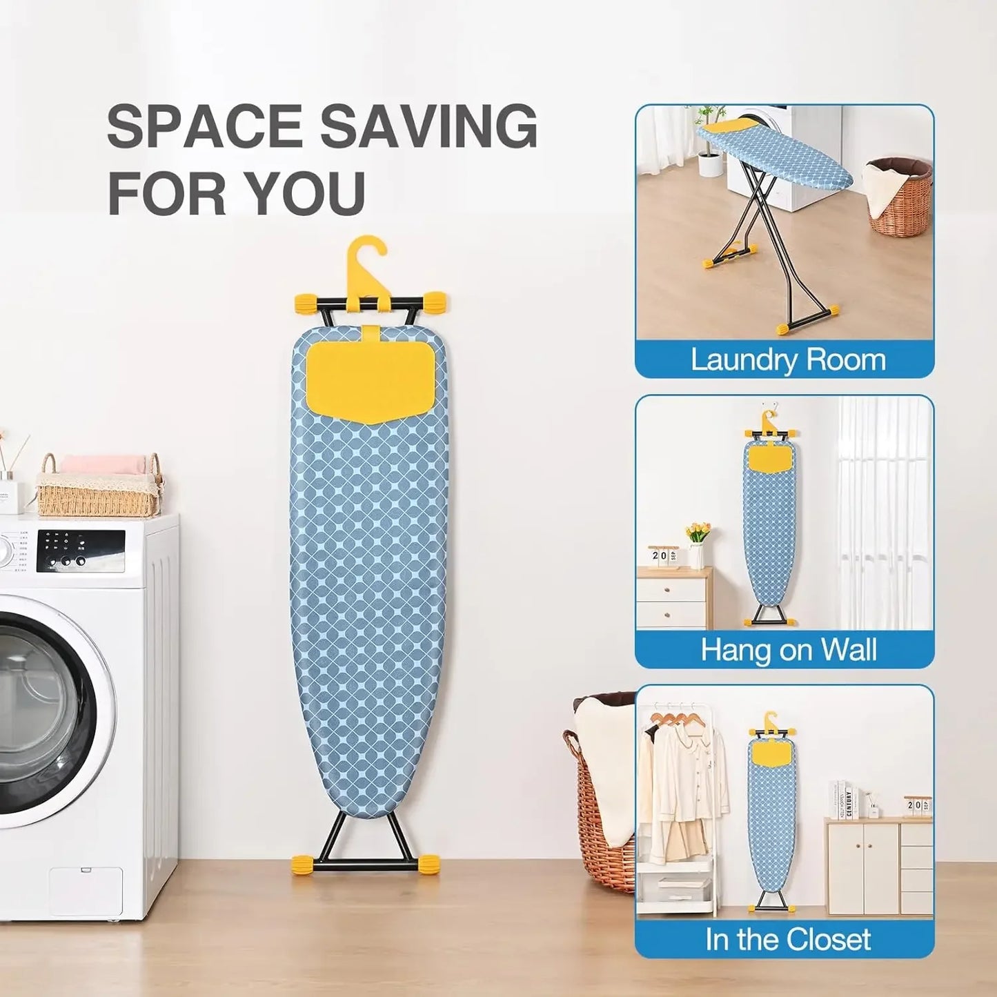 Compact Adjustable Ironing Board with Extra Thick Cover, Wall Mount & Space Saver Design in Yellow Peaceful Pleasures Health and Wellness