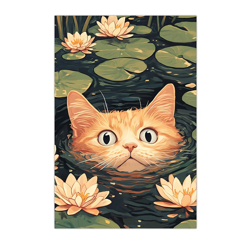 Vintage Animal Wall Art, Impressionist Water Lily Cat Canvas Painting, Nordic Poster Print for Bedroom Living Room Wall Decor Peaceful Pleasures Health and Wellness 04 40x60cm No Frame China Mainland