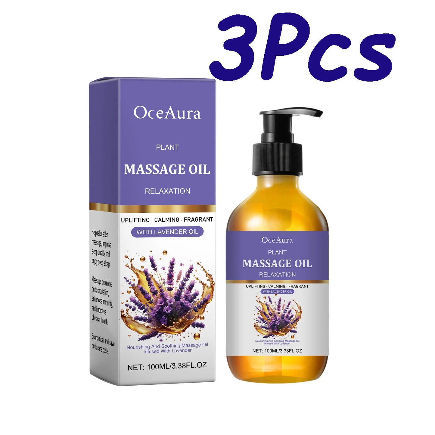 Lavender Massage Oil – Moisturizing Body Oil for Relaxation Peaceful Pleasures Health and Wellness 3 x 100ml Boxed