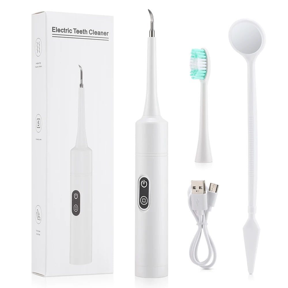 Electric Dental Scaler with Teeth Brush Head Calculus Tartar Remover Vibration Teeth Plaque Cleaner Oral Care Improve Odor Peaceful Pleasures Health and Wellness WHITE