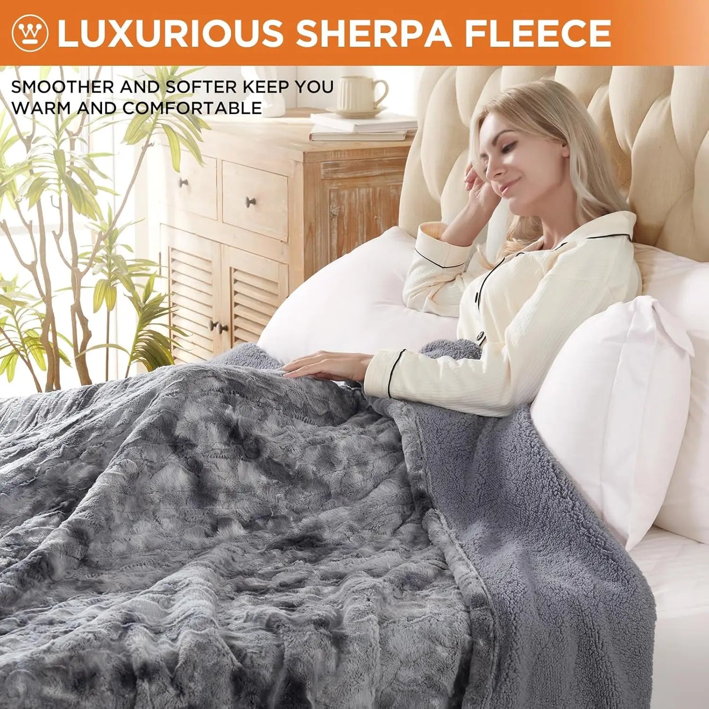 Queen Size Heated Blanket – 10 Heat Levels, Sherpa & Faux Fur (84" x 90", Grey) Peaceful Pleasures Health and Wellness