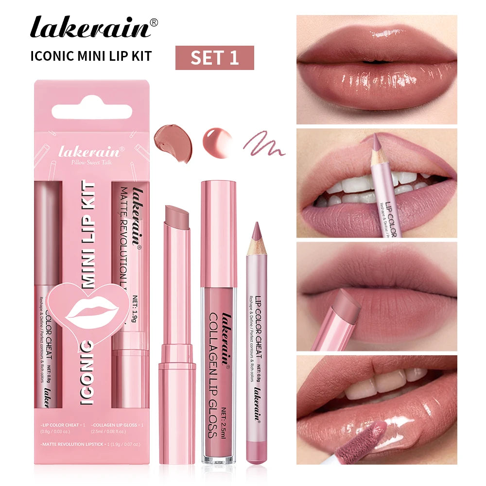 3pcs Lip Makeup Set Lip Liner Lip Gloss Lipstick Mirror Effect Beep Lips High Color Long-lasting Hydrates Travel Mini Set Peaceful Pleasures Health and Wellness set 1