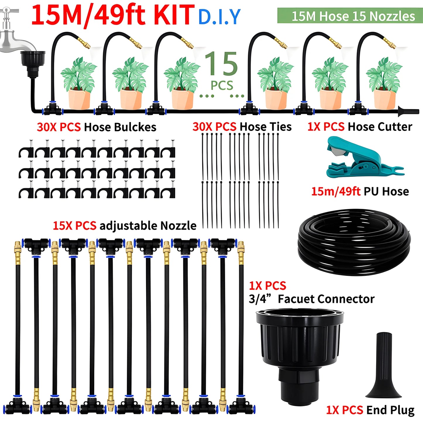 DIY Free Bending Universal Spray Kit For Greenhouse Garden Flowers Plant Watering Irrigation Patio Misting Cooling System Peaceful Pleasures Health and Wellness DIY 15M