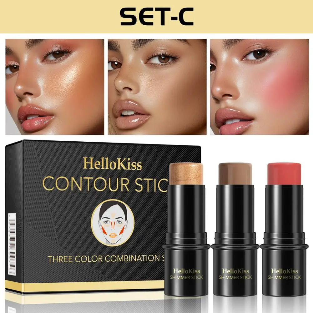 3-in-1 Cream Contour Stick Set – Highlighter, Blush & Contour