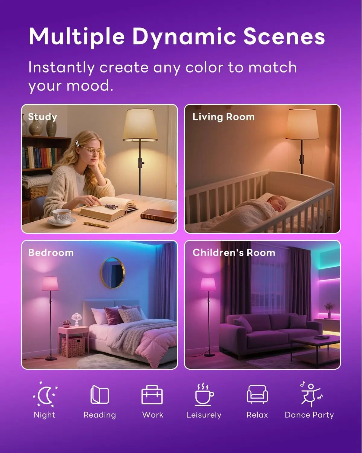 Collage of four scenes showing different uses of a smart light in a study, living room, bedroom, and children's room with a purple background and text about dynamic scenes.