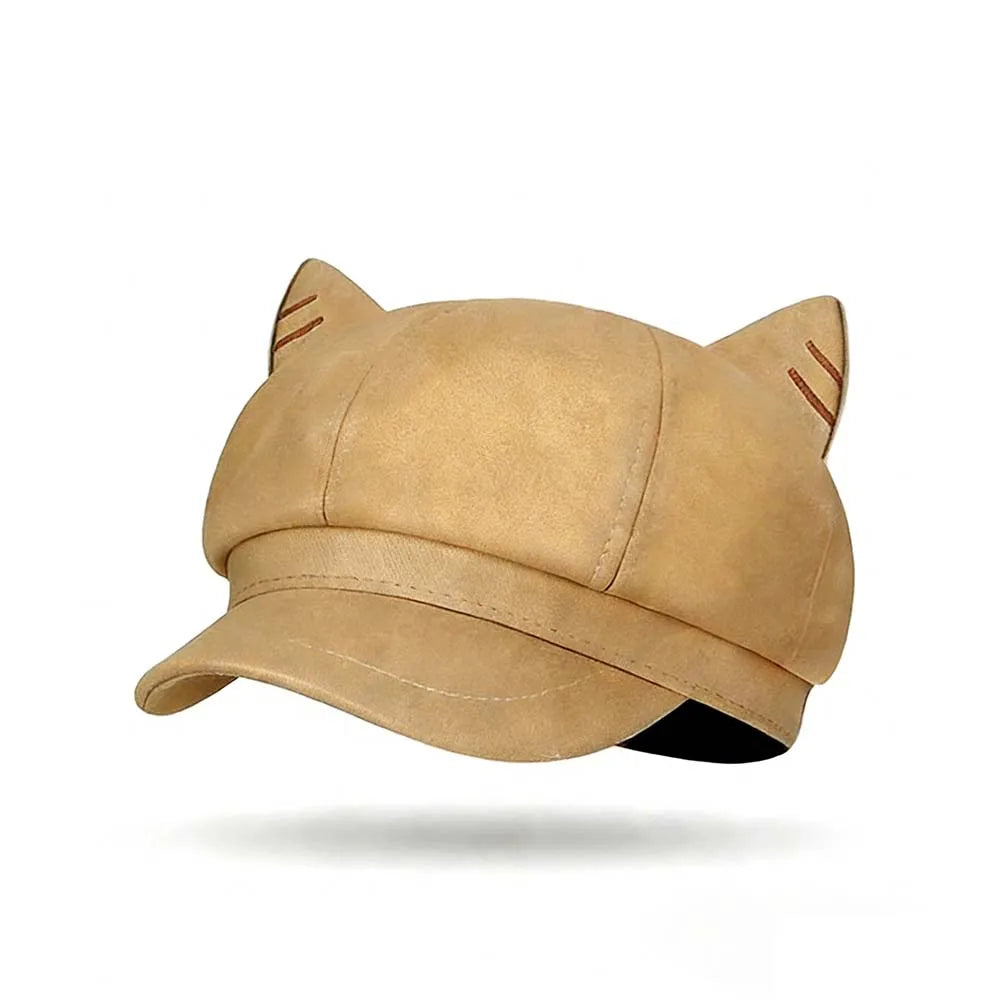 Fashion Beret Hat for Women, Cat Ear Painter Cap Solid Color Retro Octagonal Hat for Spring Autumn Casual Daily Outfits Peaceful Pleasures Health and Wellness Dark Beige One size