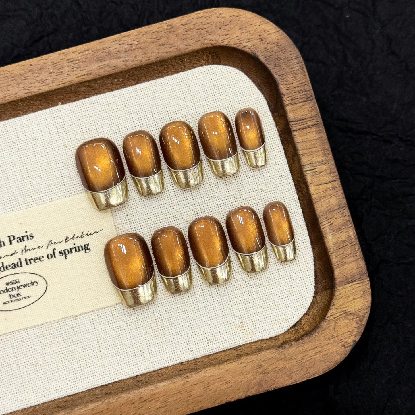 Caramel Brown Press-On Nails | Cat's Eye Green Diamond Y2K