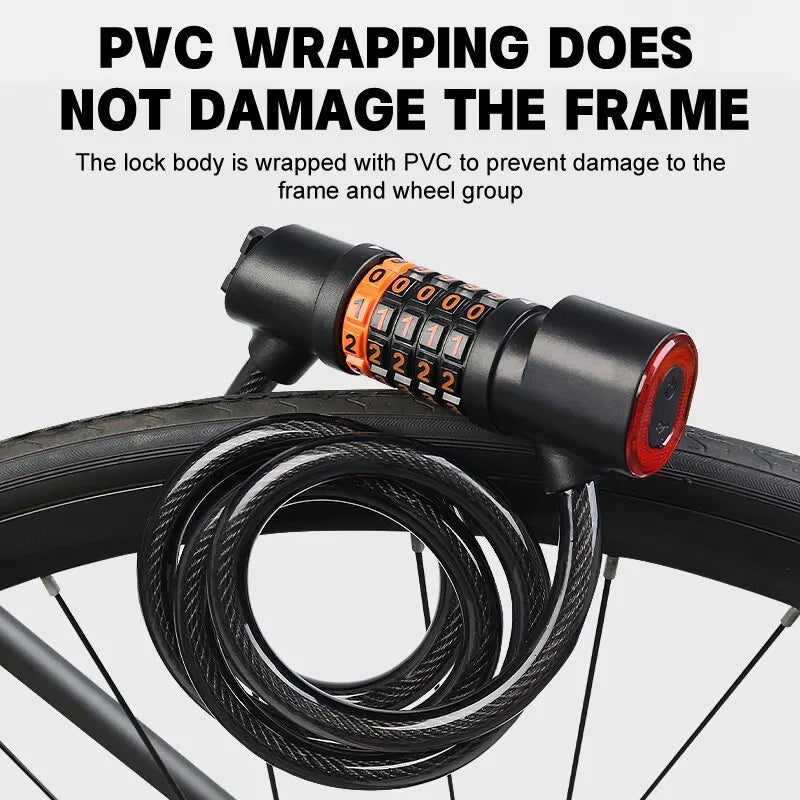 Bike Lock with Tail Light – 5-Digit Steel Cable Combo Lock