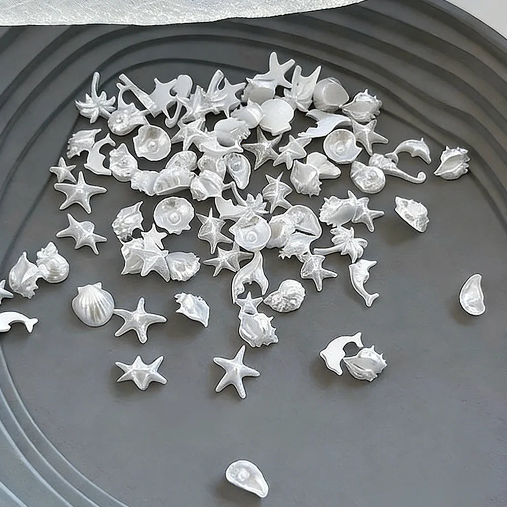 50pcs Ocean Series Nails Charms 3D Resin White Pearl Shell Star Dolphin Rhinestones Jewelry Flash Nail Art Decorations Accessory Peaceful Pleasures Health and Wellness WHITE