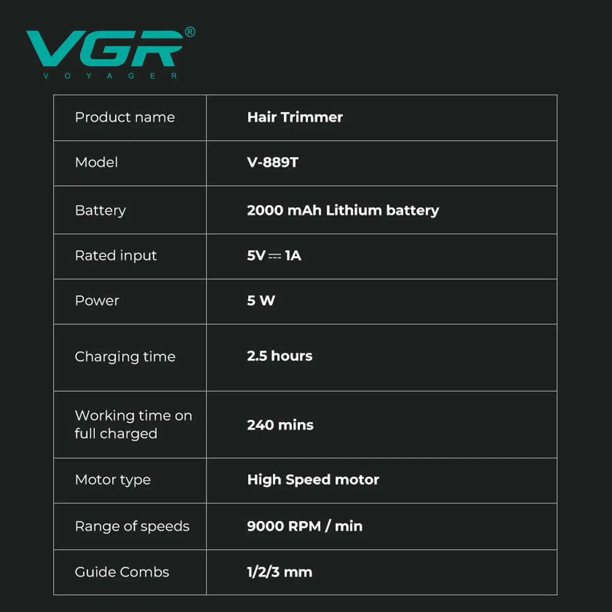 VGR high-end electric hair clipper 9000 RPM professional grade hair trimmer gradient color metal body carving push shear V-889T Peaceful Pleasures Health and Wellness