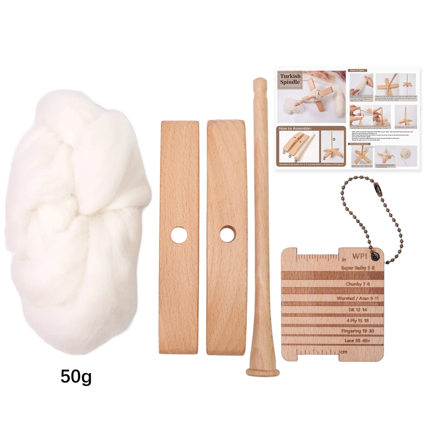 Detachable Cross-Shaped Turkish Wooden Spindle Set Hand-Spinning Yarn Kit with 50g Wool Roving & Yarn Gauge Beginner-Friendly Peaceful Pleasures Health and Wellness Spindle Set