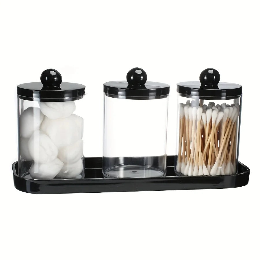 Apothecary Jar Qtip & Cotton Round Holder with Tray – 3 Pack Bathroom Organizer Set