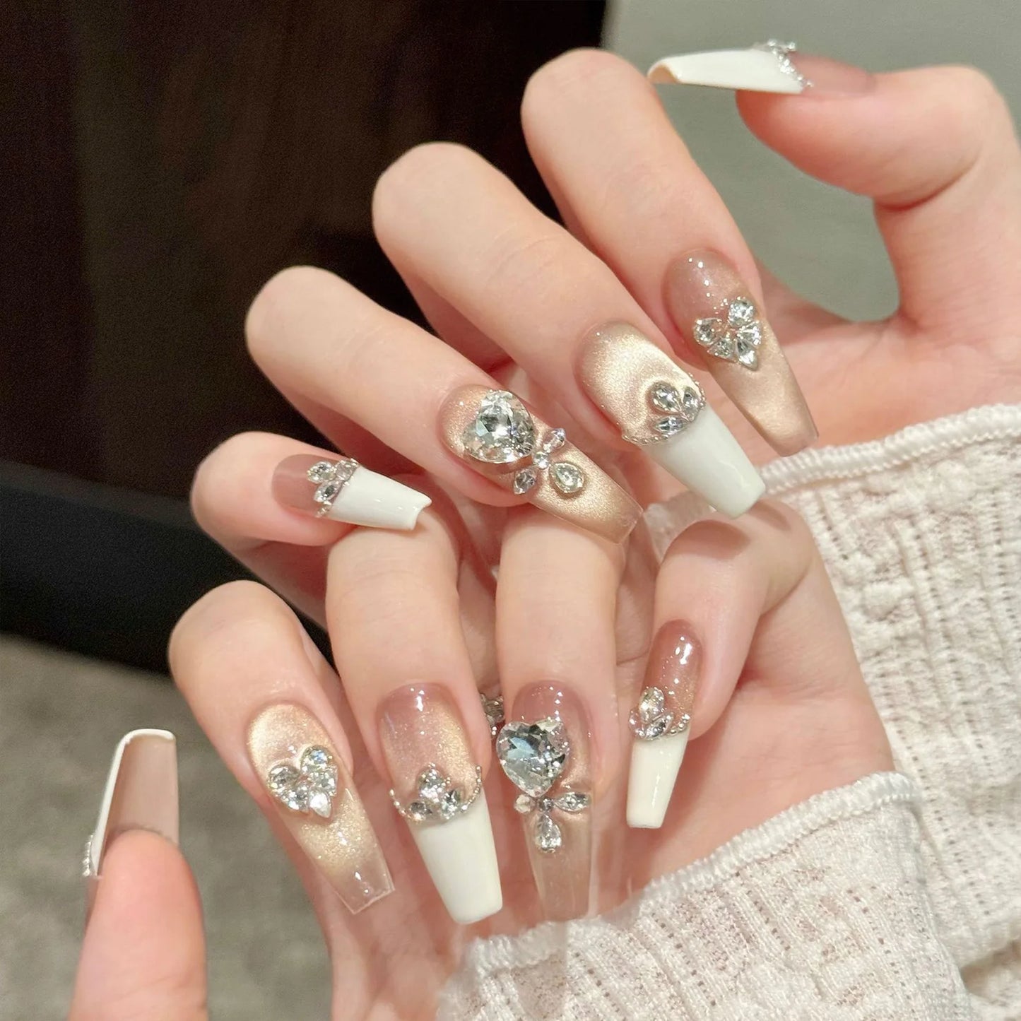 10pcs Handmade Light Luxury Press on Nails French Golden Cat's Eye False Nails Wearable Charming Love Diamond Decor Fake Nails Peaceful Pleasures Health and Wellness XS 1