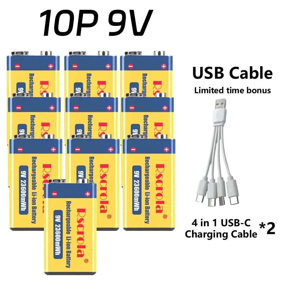 Rscrola 9V USB-C Rechargeable Battery 23600mWh Li-ion Constant Voltage for Guitar Pedal Smoke Detector Multimeter, Long Life Wit Peaceful Pleasures Health and Wellness 10 PCS Batteries 9v