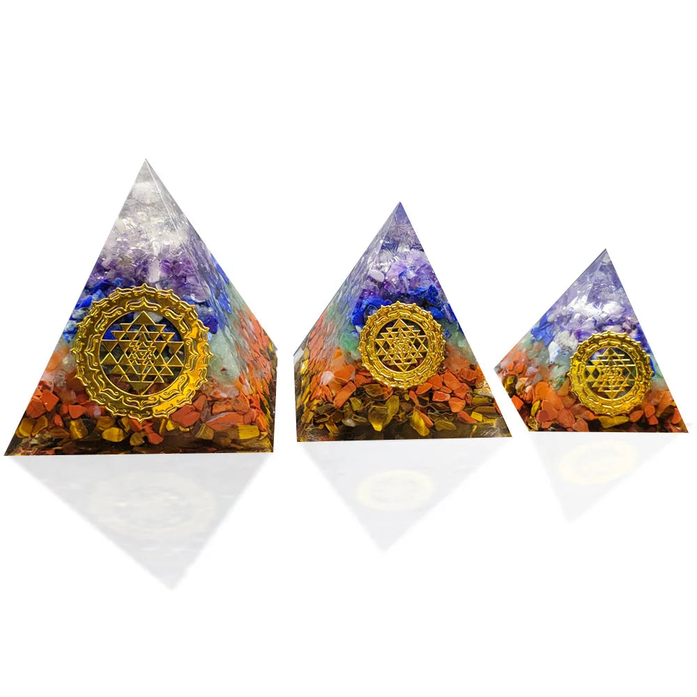 7 Chakra Orgone Pyramid for Reiki Healing Crystals and Stones Orgonite Energy Generator Meditation Balancing Home Decor Ornament Peaceful Pleasures Health and Wellness 5CM