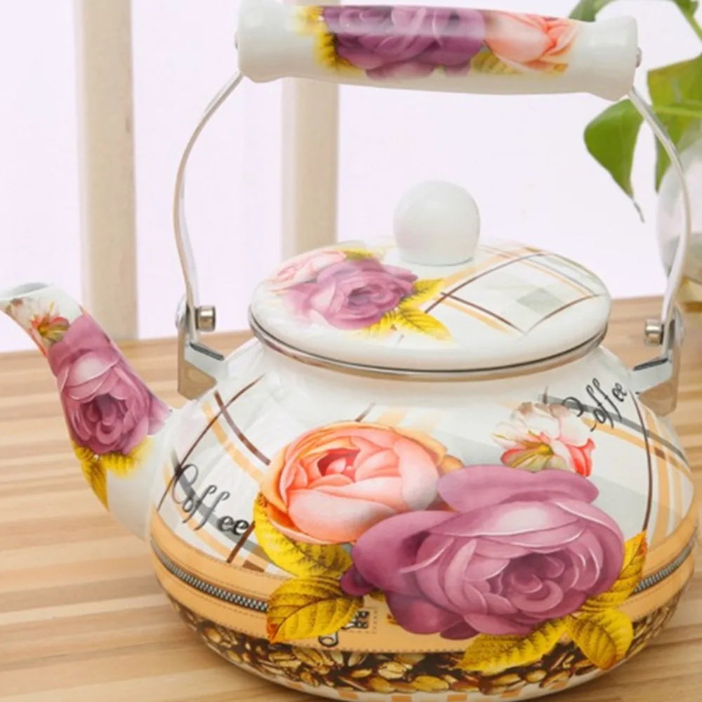 Chinese Style Enamel Teapot Floral Enameled 2.5L Gas Water Kettle Antiscald Handle Pear-shaped Coffee Pot Gas Induction Cooker Peaceful Pleasures Health and Wellness J
