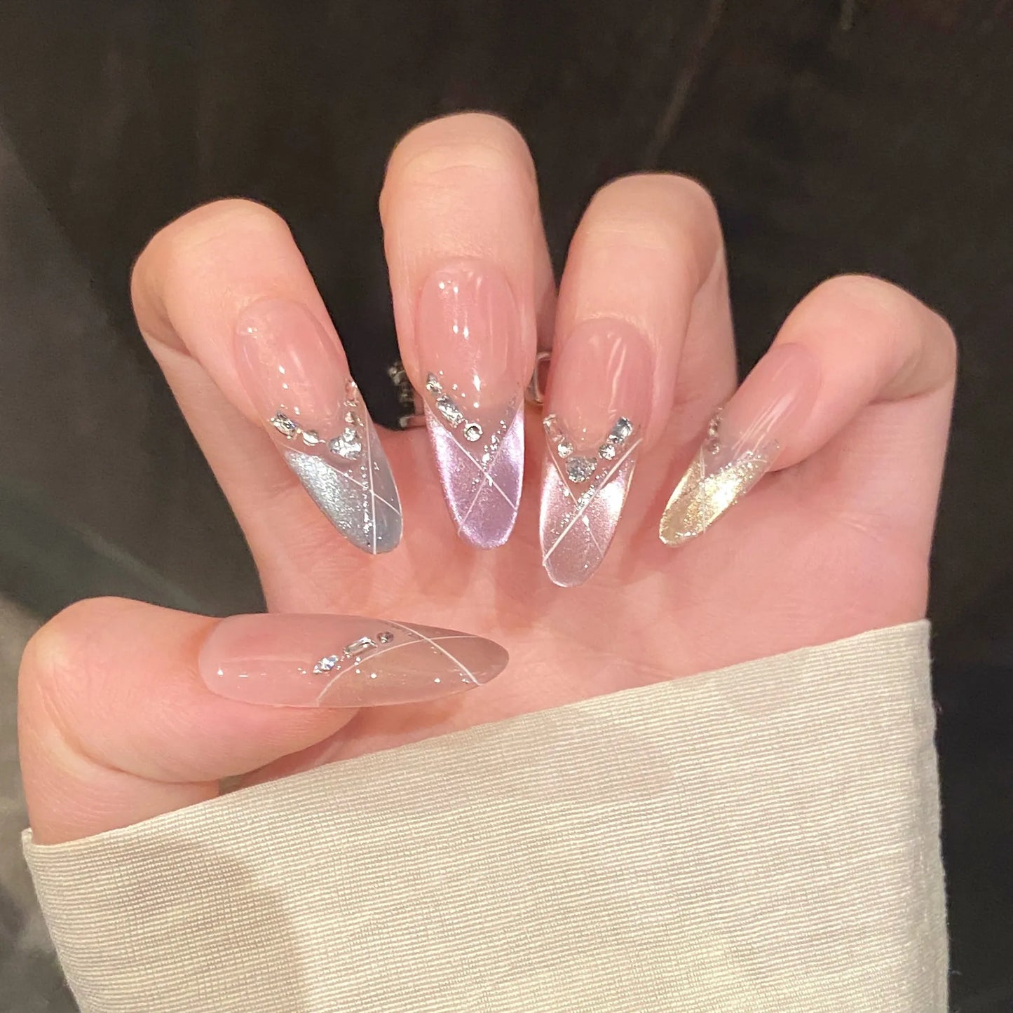 10pcs Handmade Press on Nails Shiny French Cat Eyes Fake Nail Tips with Rhinestone Decor Women Girl Wearable Coffin False Nails Peaceful Pleasures Health and Wellness XS 3